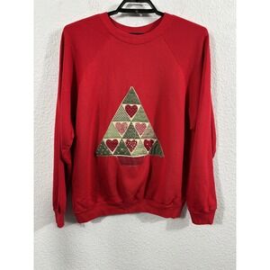 Vintage Sweatshirt Womens XL Red Quilted Heart Christmas Tree‎ Holiday 80s